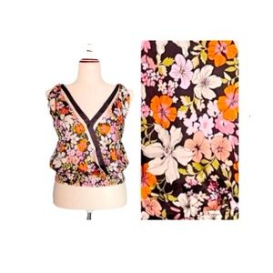 Joie Floral Satin Sleeveless Smocked Waist Top Size S
